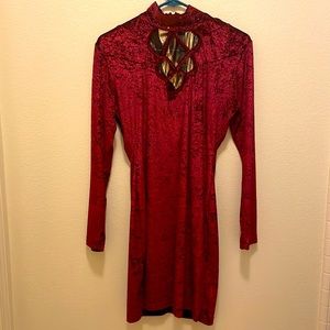 Maroon red velvet long sleeve dress